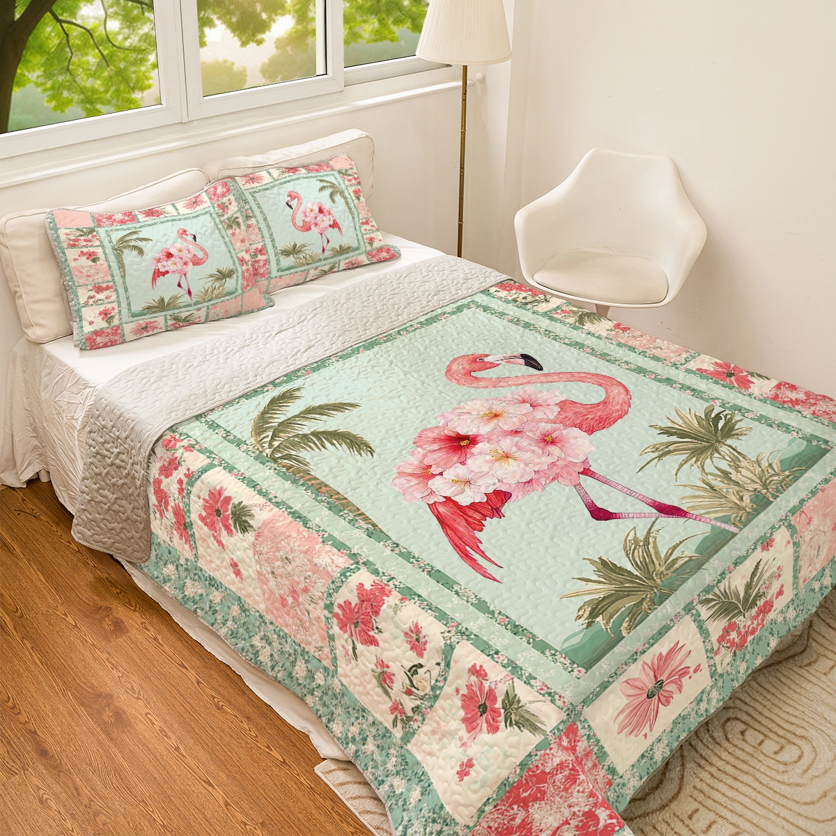 Shineful All Season Quilt 3-Piece Set - Light Pink Tropical Flamingo