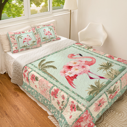 Shineful All Season Quilt 3-Piece Set - Light Pink Tropical Flamingo