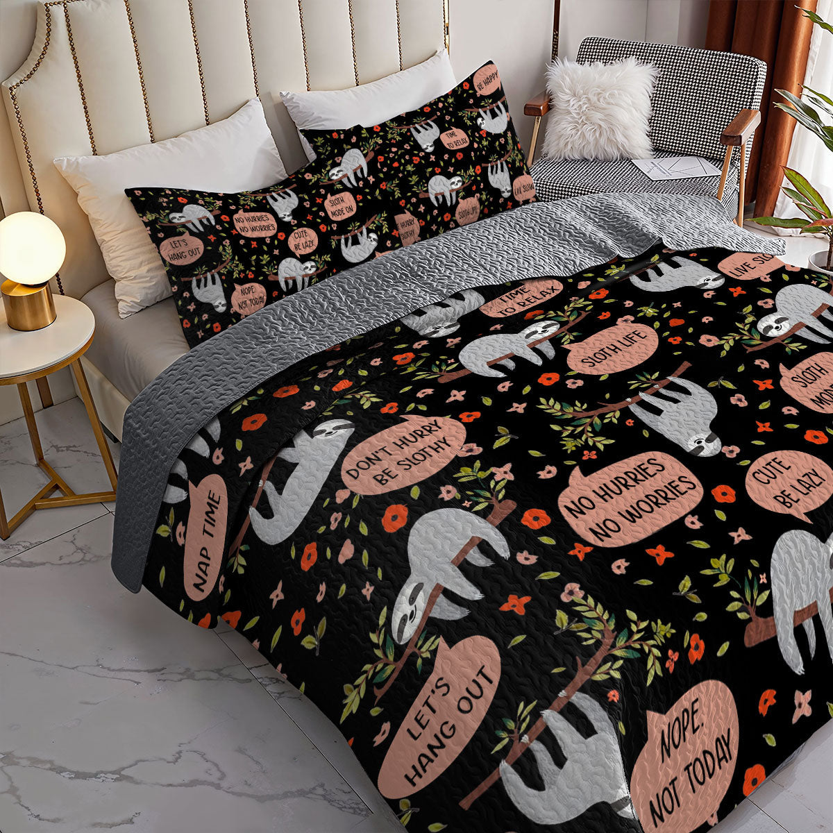 Shineful All Season Quilt 3-Piece Set Sloth Life Black Night