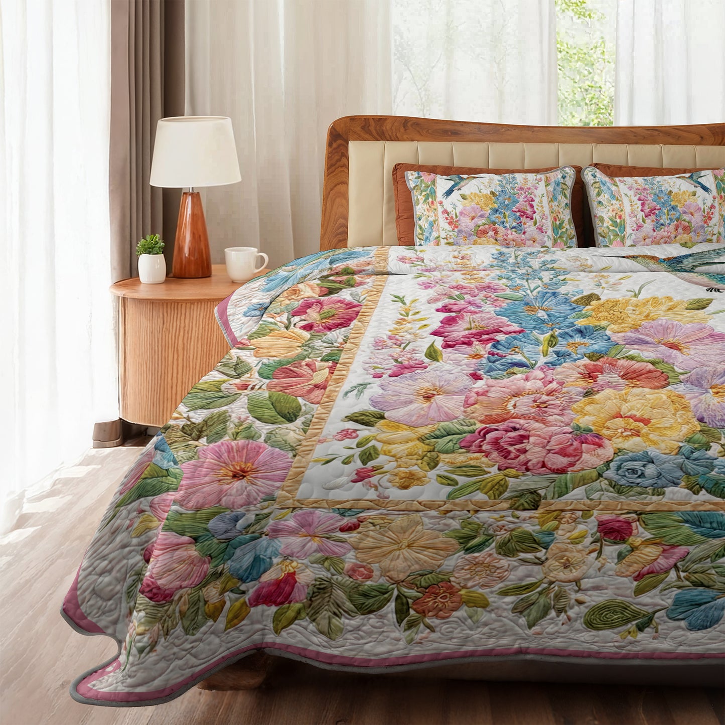 Shineful All Season Quilt 3-Piece Set Floral Hummingbird Garden
