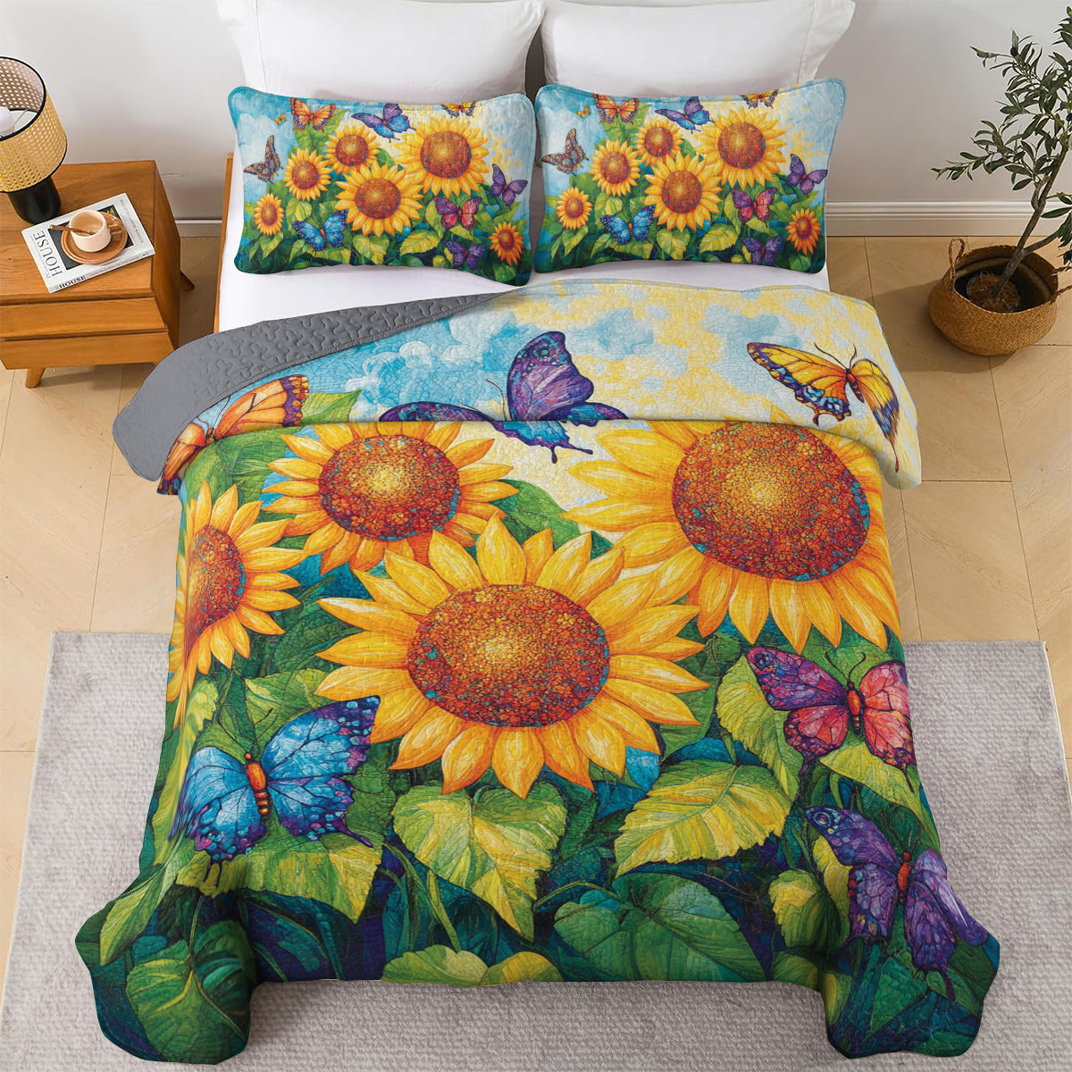 Shineful All Season Quilt 3-Piece Set Sunflower & Butterfly Garden