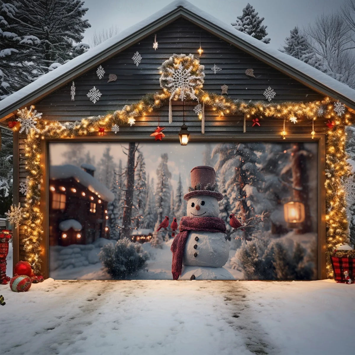 Shineful Garage Door Banner Decoration Snowman & Cardinals Winter Cabin