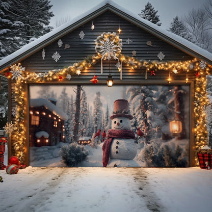 Shineful Garage Door Banner Decoration Snowman & Cardinals Winter Cabin