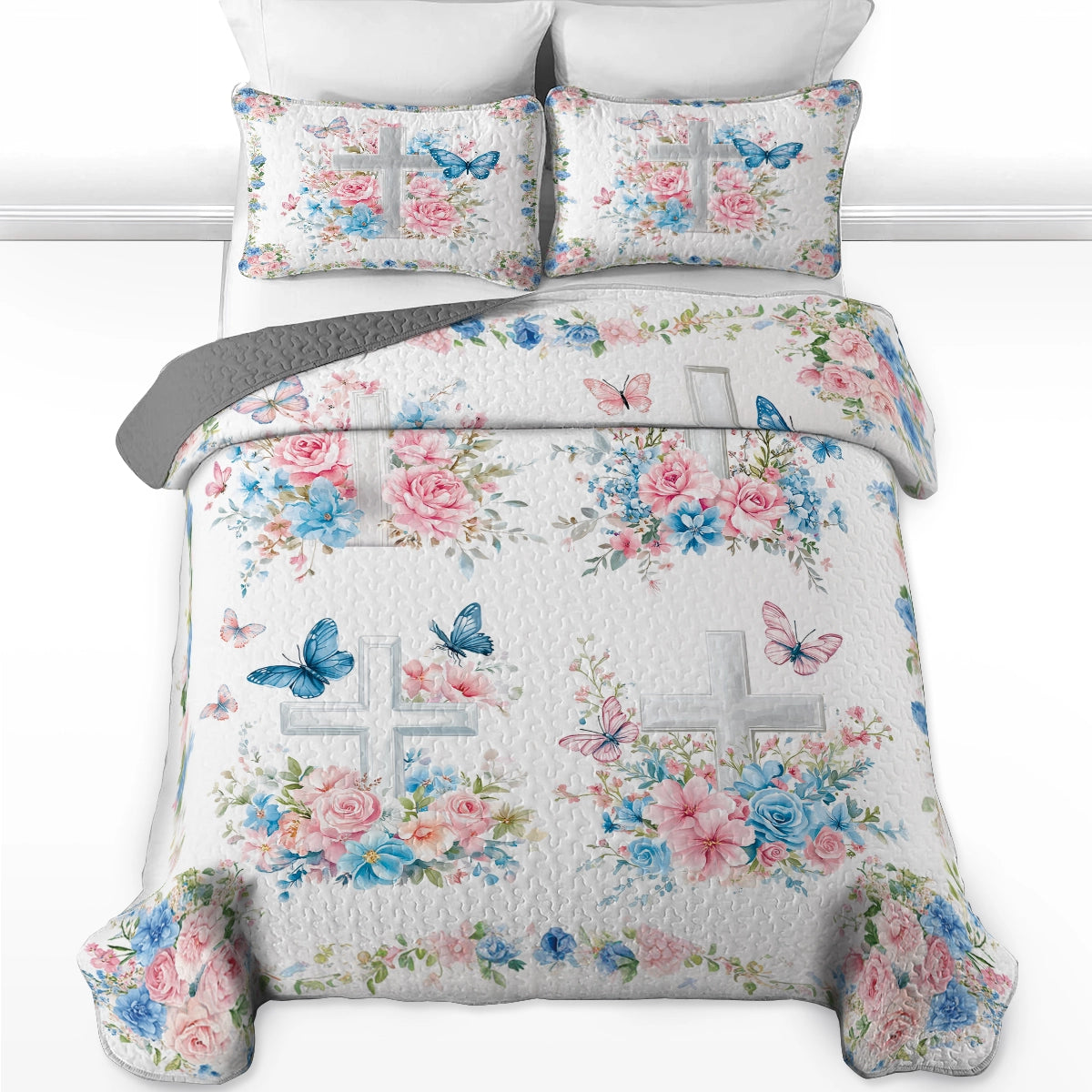 Shineful All Season Quilt 3-Piece Set - God Faith Flower Butterfly