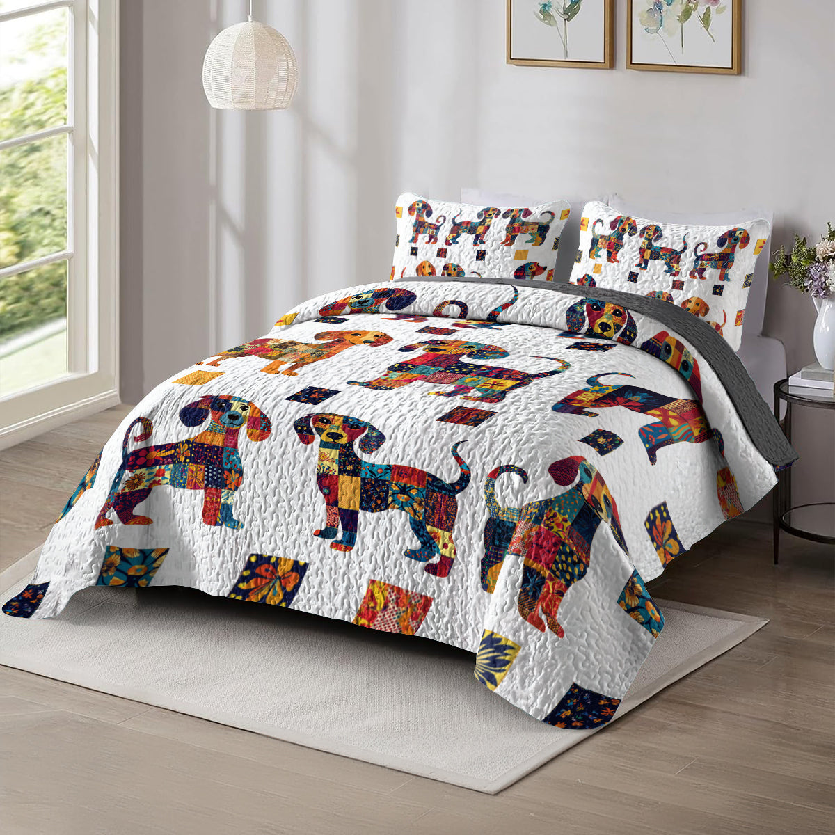 Shineful All Season Quilt 3-Piece Set Colorful Patchwork Dachshund