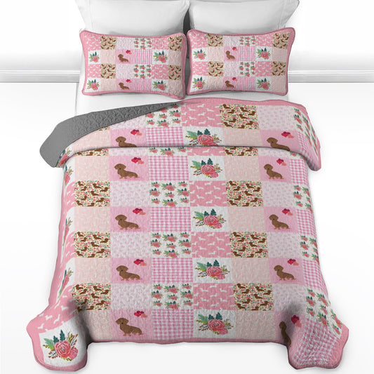 Shineful All Season Quilt 3-Piece Set Pink Patchwork Puppy