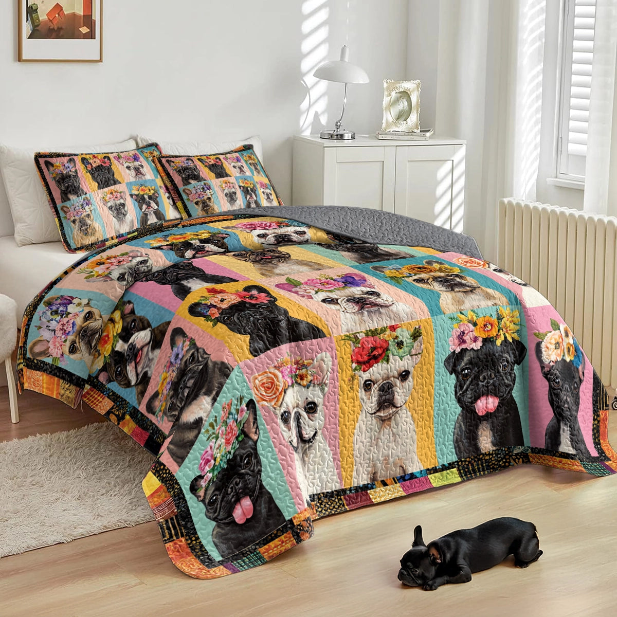 Shineful All Season Quilt 3-Piece Set Frenchie Flower Fiesta