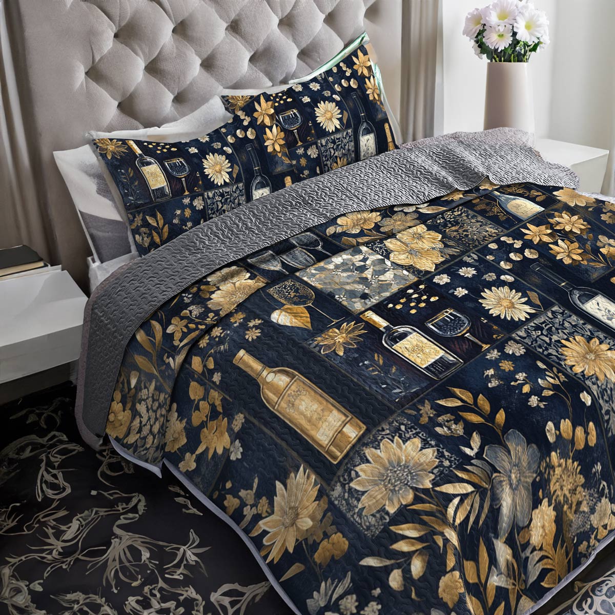 Shineful All Season Quilt 3-Piece Set Gracefulness Wine Floral