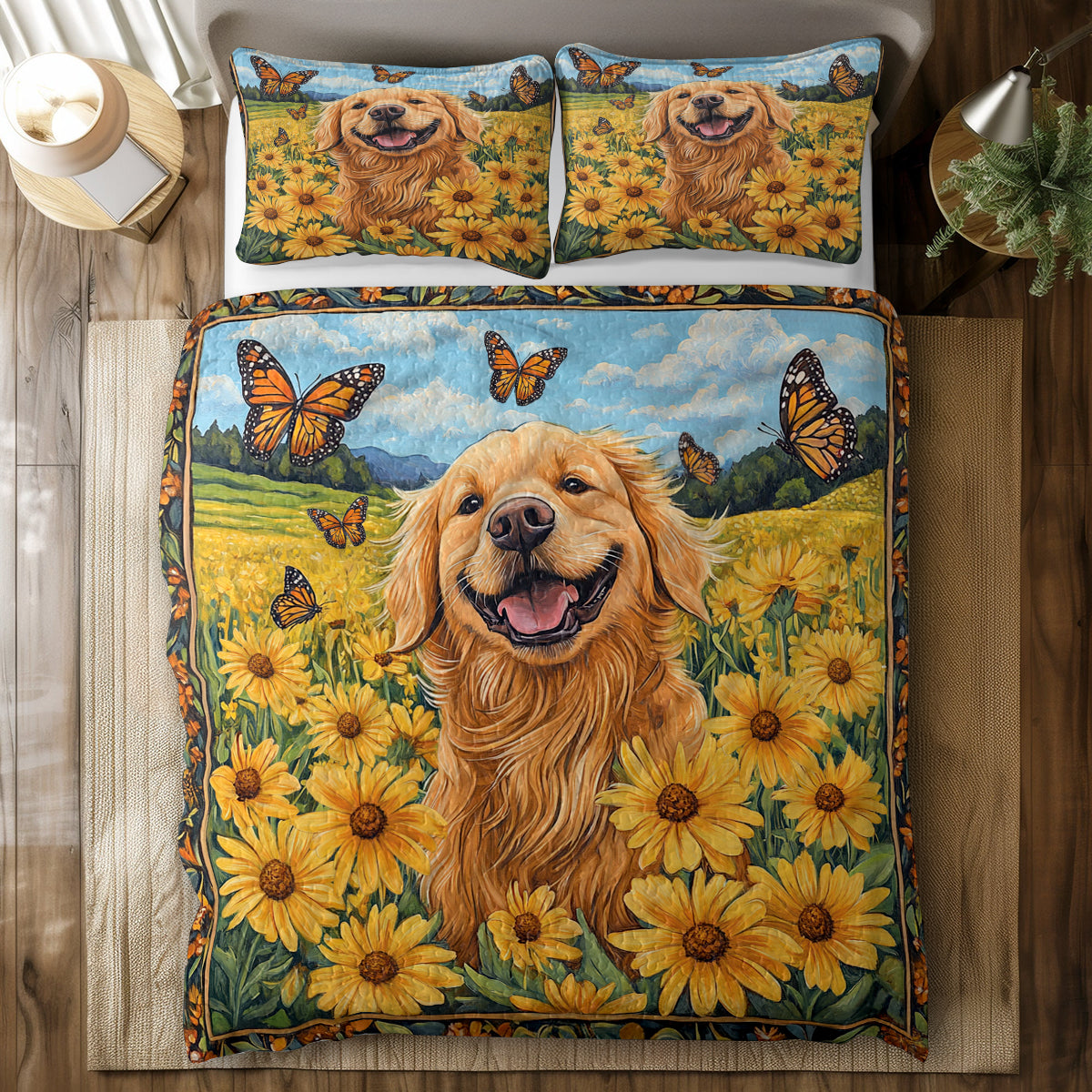 Shineful All Season Quilt 3-Piece Set Happy Golden Retriever In Flower Field