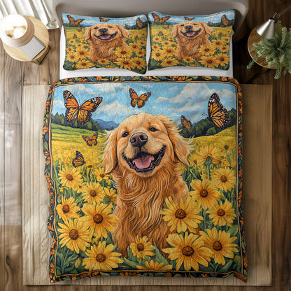 Shineful All Season Quilt 3-Piece Set Happy Golden Retriever In Flower Field