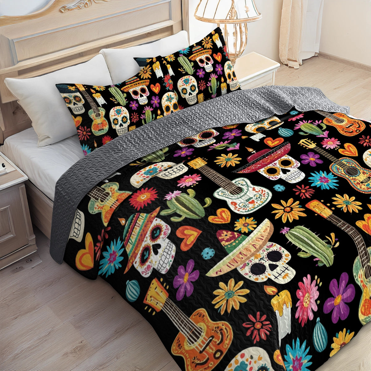 Shineful All Season Quilt 3-Piece Set Fiesta of Skulls