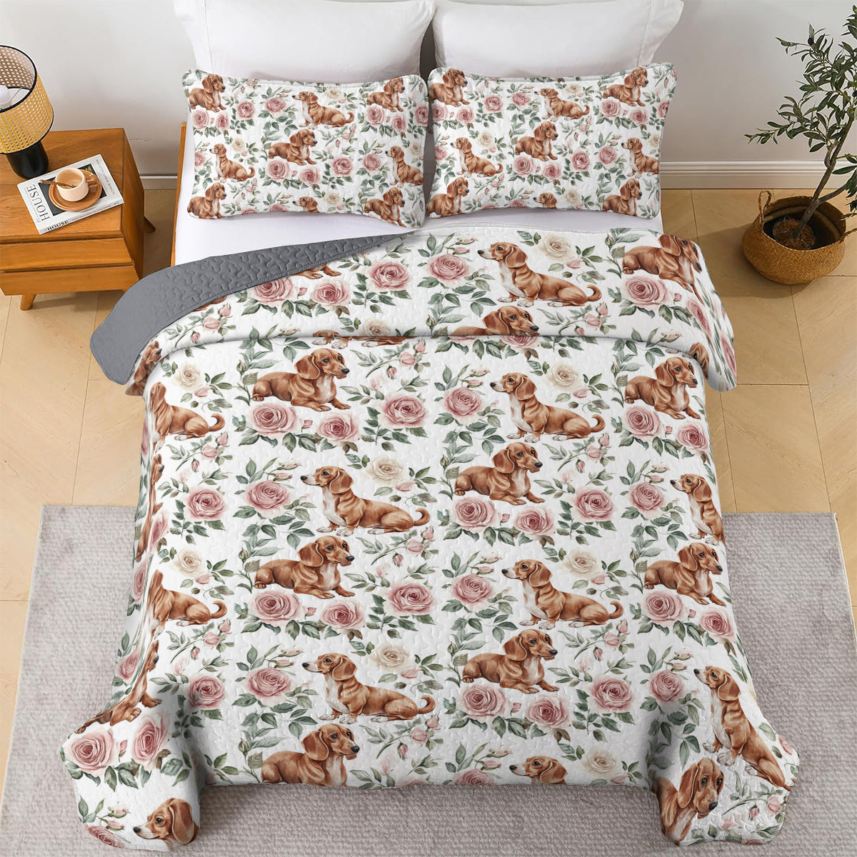 Shineful All Season Quilt 3-Piece Set Floral Dachshund Dreams