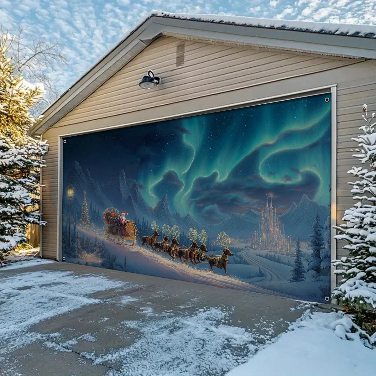 Shineful Garage Door Banner Decoration Santa’s Dachshund Sleigh Ride