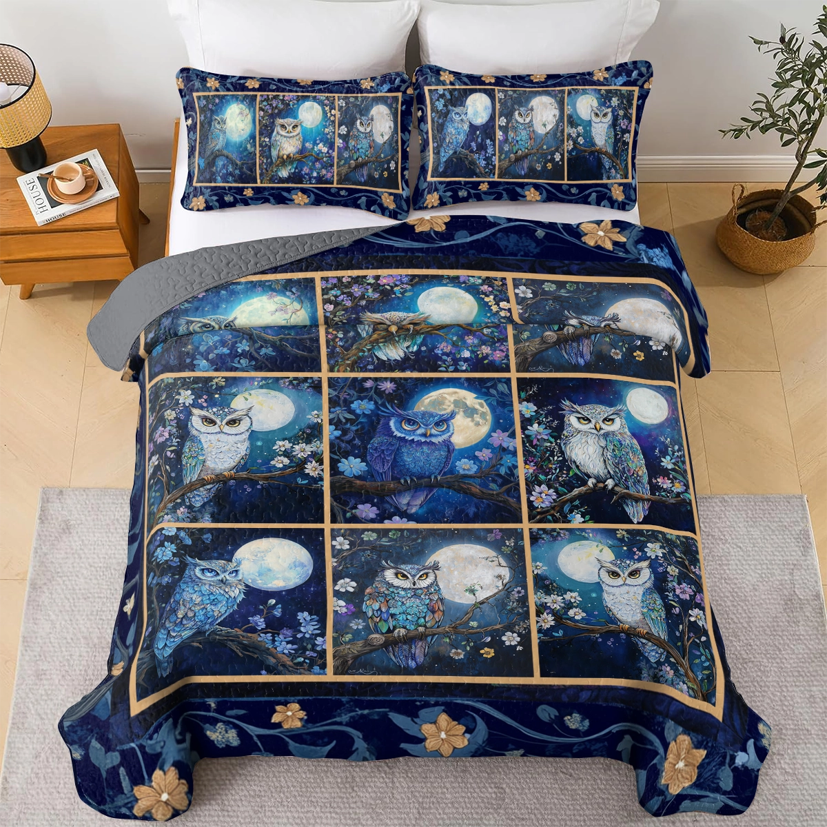Shineful All Season Quilt 3-Piece Set Nocturnal Wisdom Owl