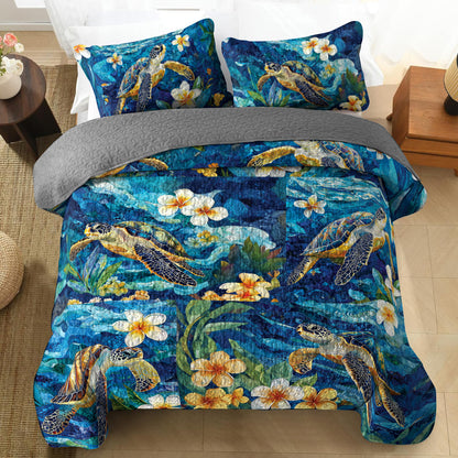 Shineful All Season Quilt 3-Piece Set Plumeria Deep Blue Sea Turtle