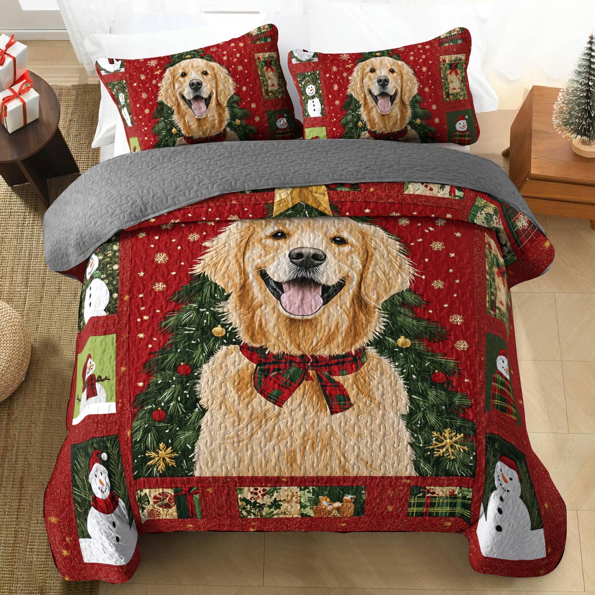 Shineful All Season Quilt 3-Piece Set - Golden Retriever Christmas Fun