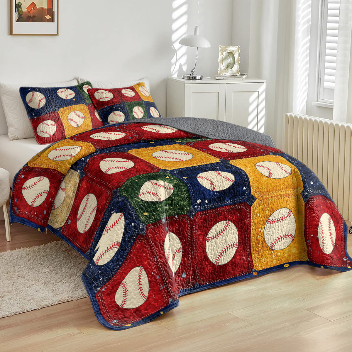 Shineful All Season Quilt 3-Piece Set Vintage Baseball Patchwork
