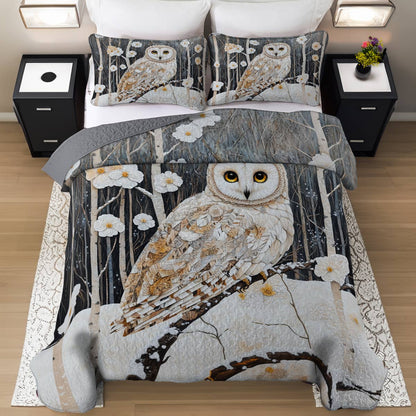 Shineful Flat Print All Season Quilt 3-Piece Set Charming Owl White Flowers Winter
