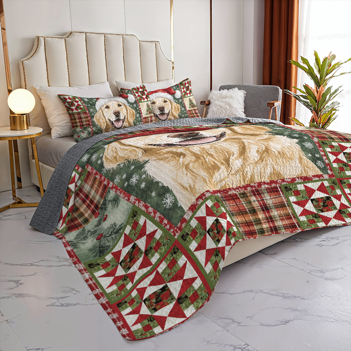 Shineful All Season Quilt 3-Piece Set Golden Retriever Christmas
