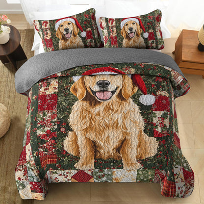 Shineful All Season Quilt 3-Piece Set Golden Retriever Christmas