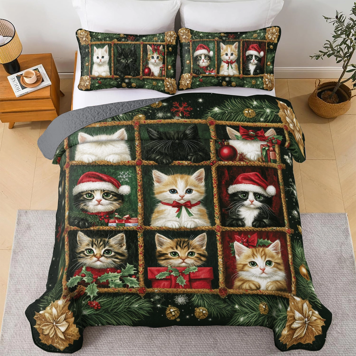 Shineful All Season Quilt 3-Piece Set Christmas Merry Meowmas