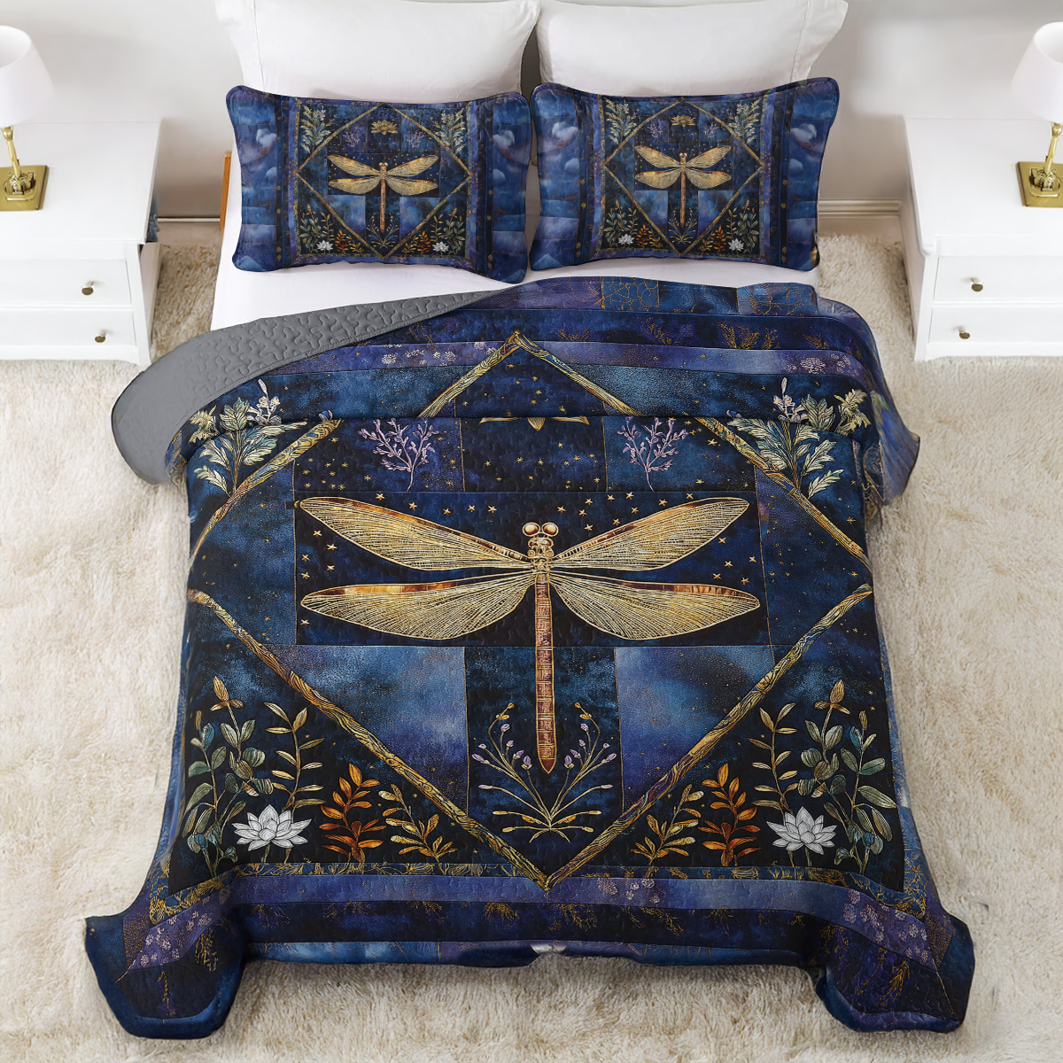 Shineful All Season Quilt 3-Piece Set Golden Dragonfly Transformation