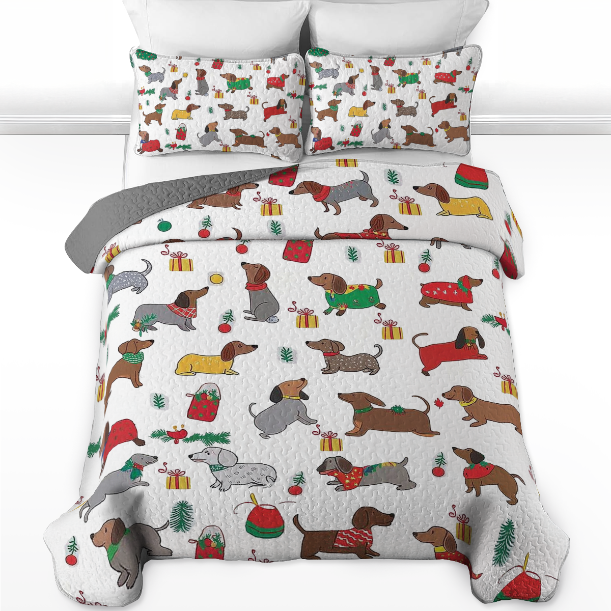 Shineful All Season Quilt 3-Piece Set - Christmas Dachshund Cheer