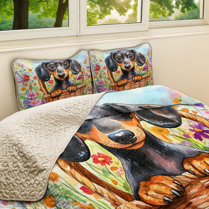 Shineful All Season Quilt 3-Piece Set Dachshund Floral Basket