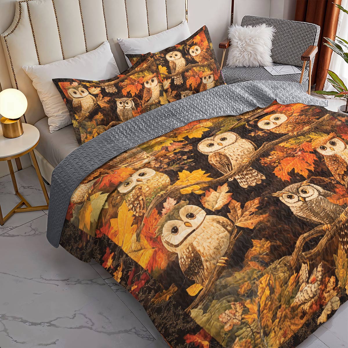 Shineful All Season Quilt 3-Piece Set Owl Autumn
