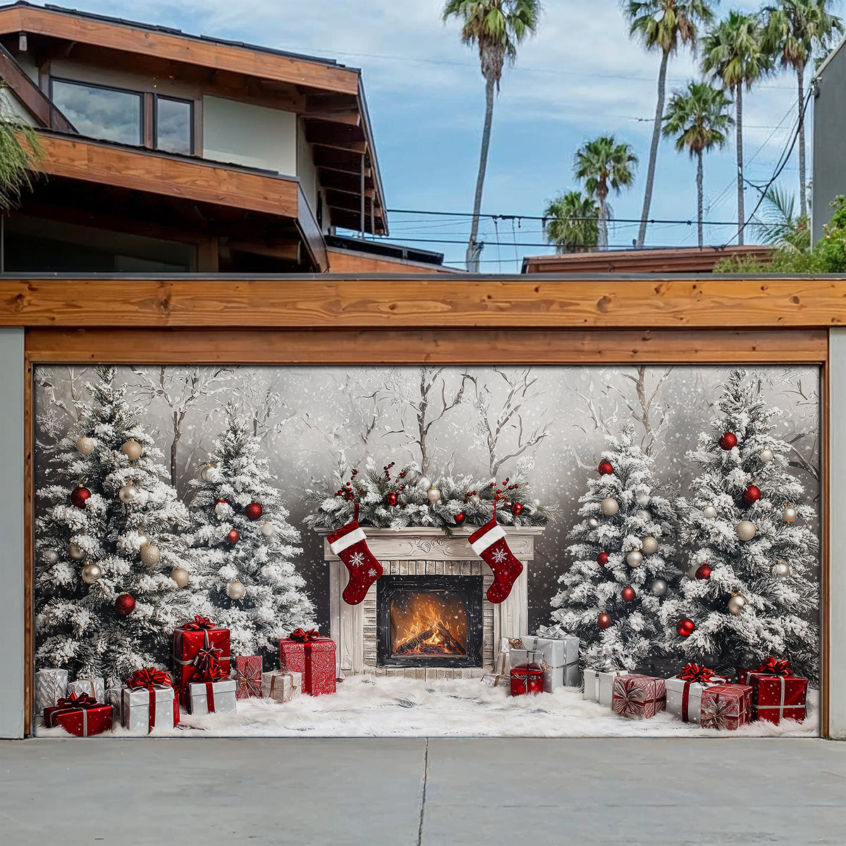 Shineful Garage Door Banner Decoration Cozy Christmas Fireplace