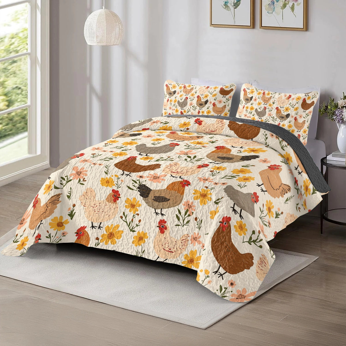 Shineful All Season Quilt 3-Piece Set - Chicken Floral Cluckin' Cozy