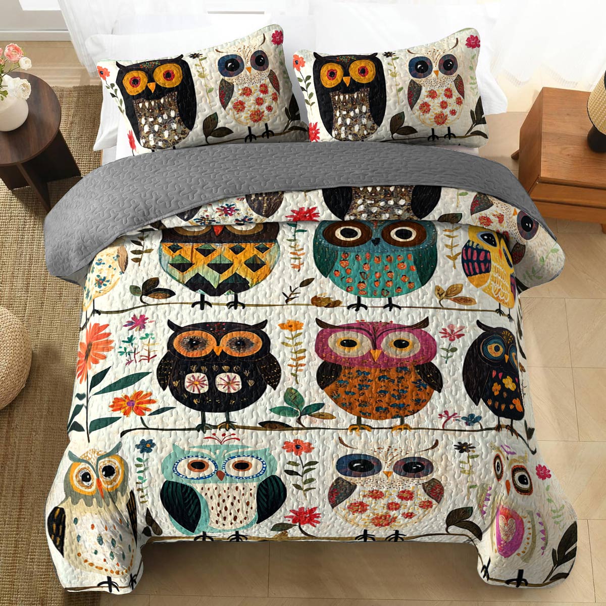 Shineful All Season Quilt 3-Piece Set Owl Peace Love