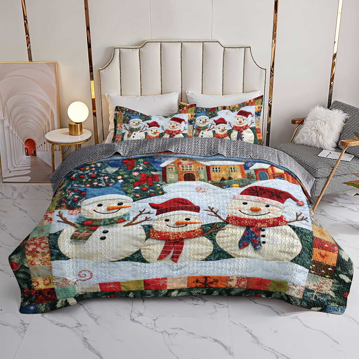 Shineful All Season Quilt 3-Piece Set Festive Snowman Family