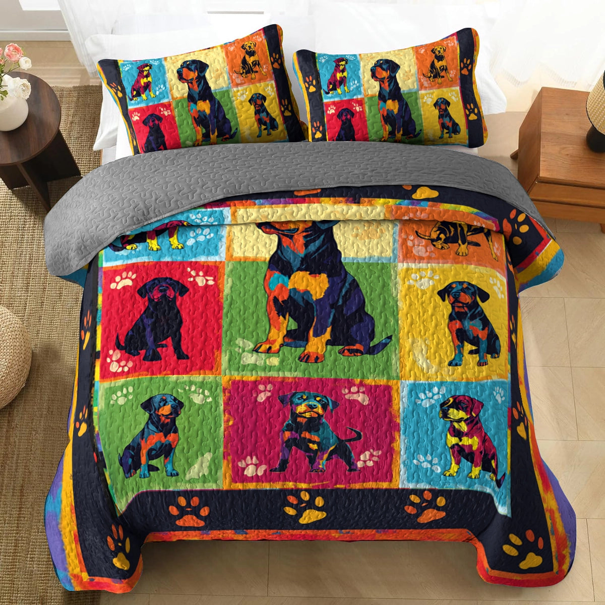 Shineful All Season Quilt 3-Piece Set Rottweiler Rainbow Comforter
