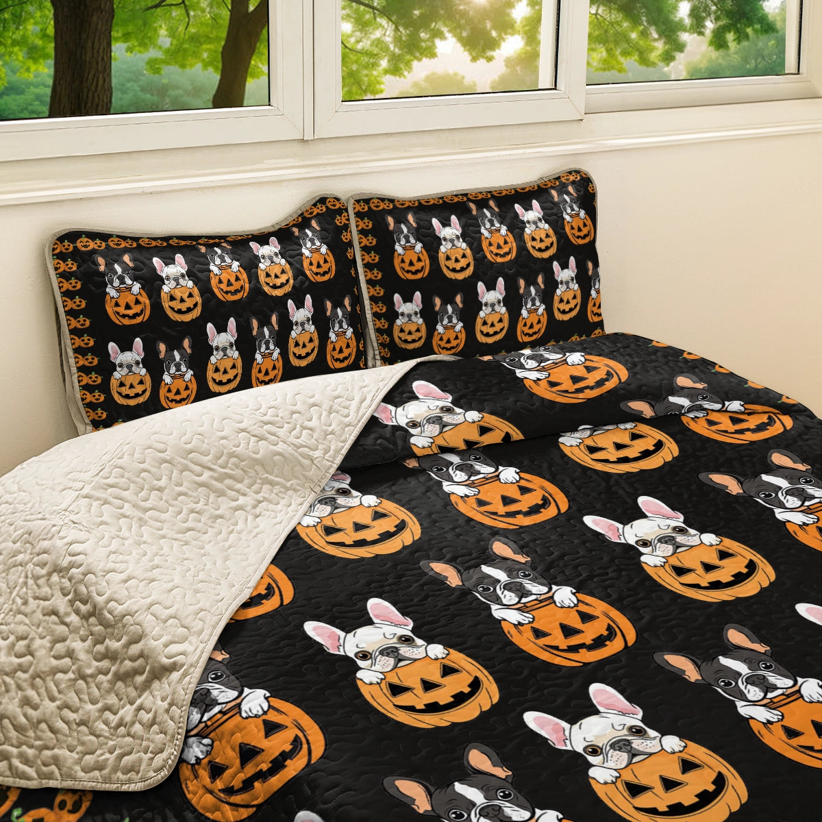 Shineful All Season Quilt 3-Piece Set - Puppy Frenchie Pumpkin