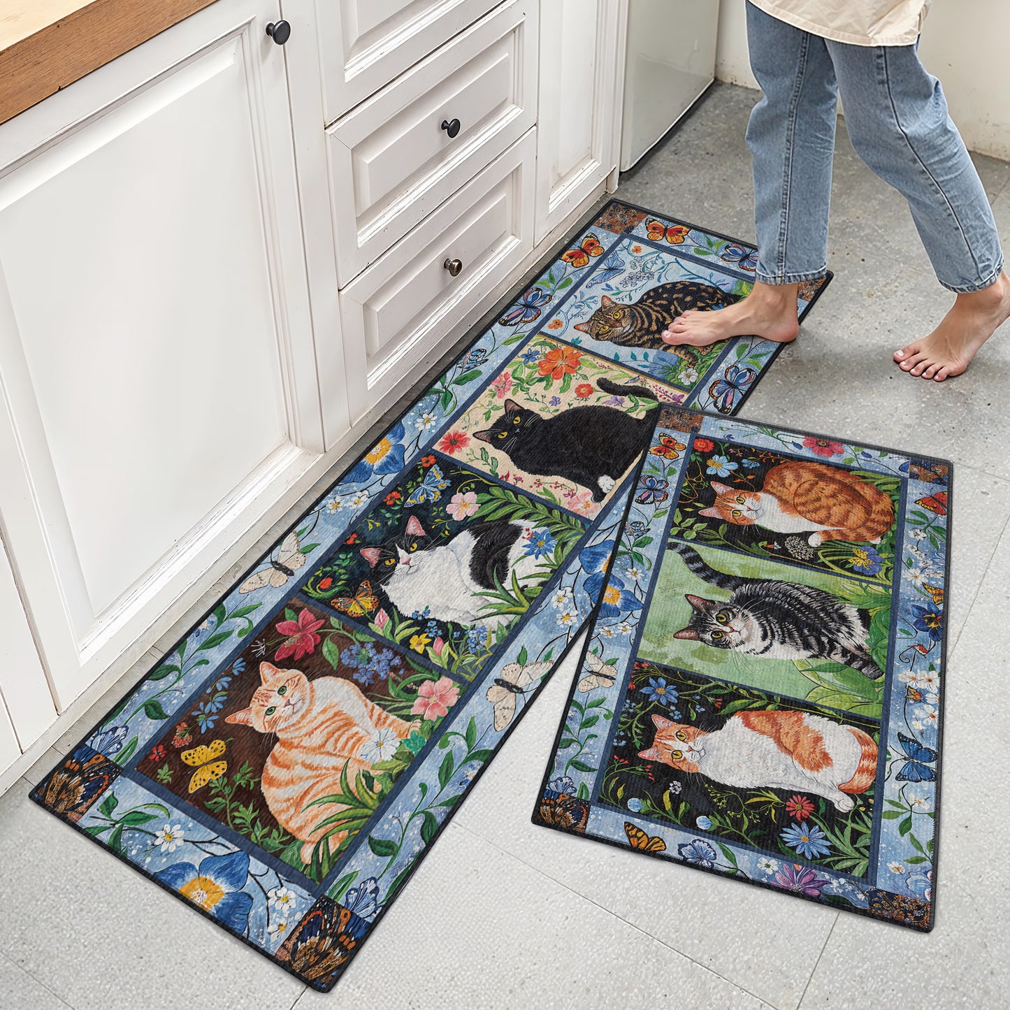 Shineful Ultra-Thin Non Skid Floor Mat, Kitchen Rugs Cat Floral Felines
