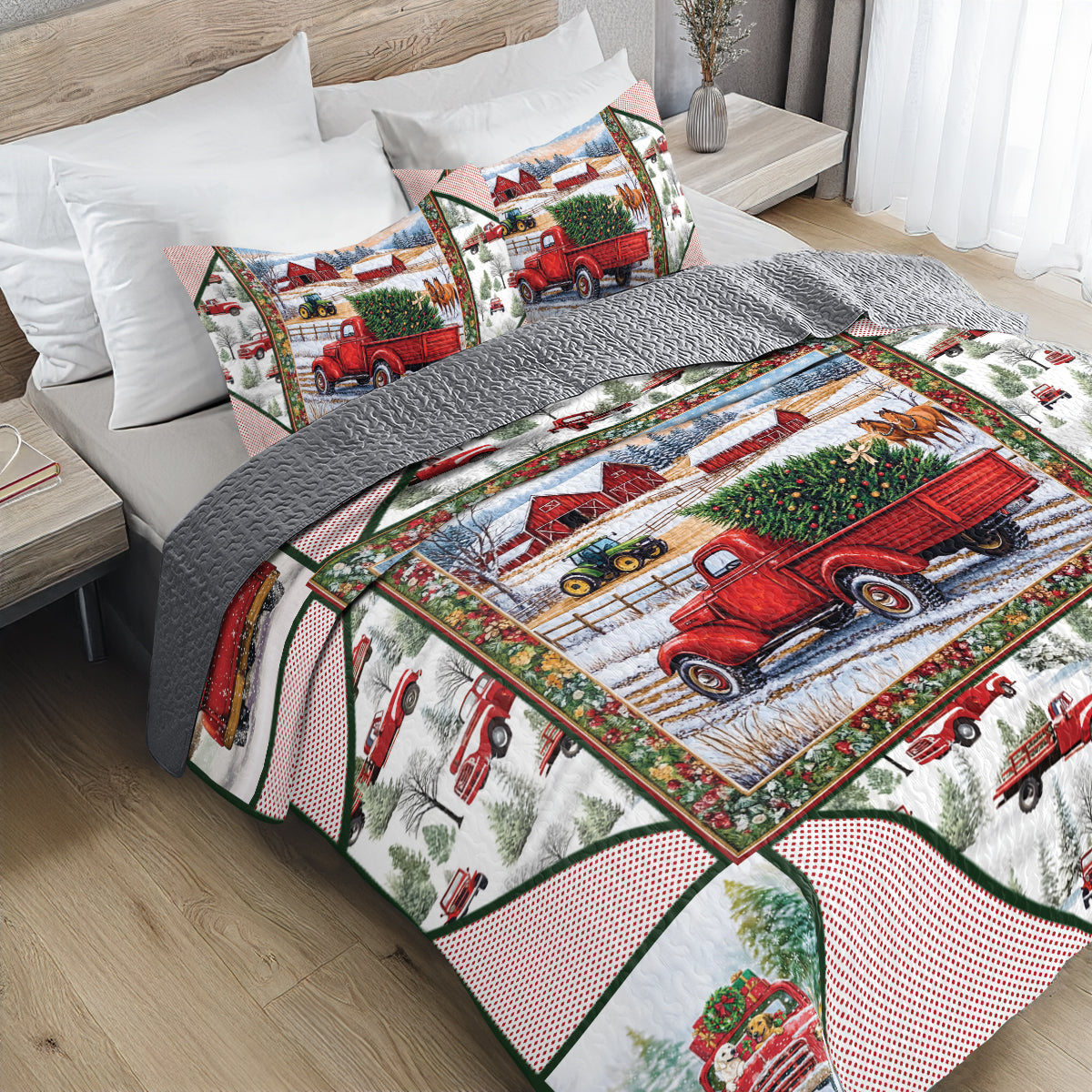 Shineful All Season Quilt 3-Piece Set - Holiday Farmhouse Truck Quilt