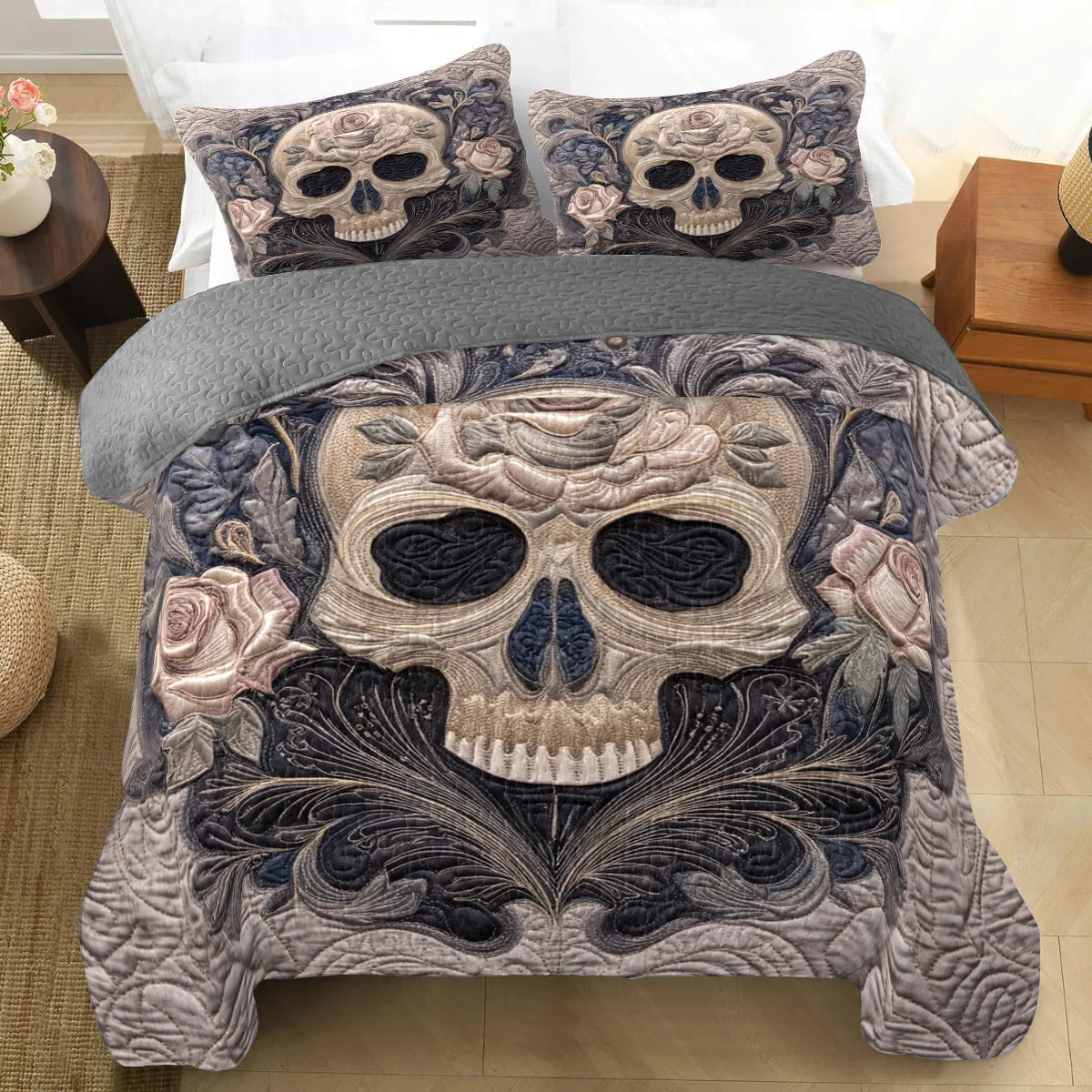 Shineful Quilt 3-Piece Set Rose of the Silent Skull