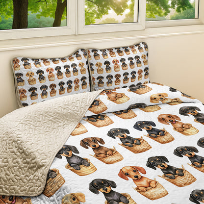 Shineful All Season Quilt 3-Piece Set Cute Dachshund In Basket V1