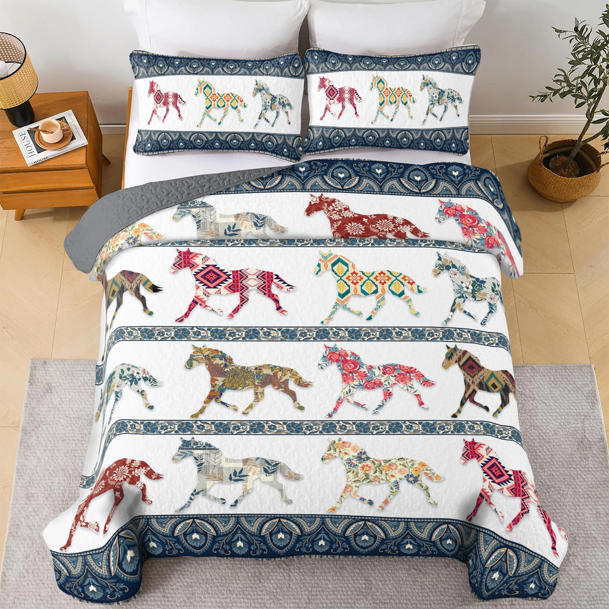 Shineful All Season Quilt 3-Piece Set Horse Galloping In Pattern