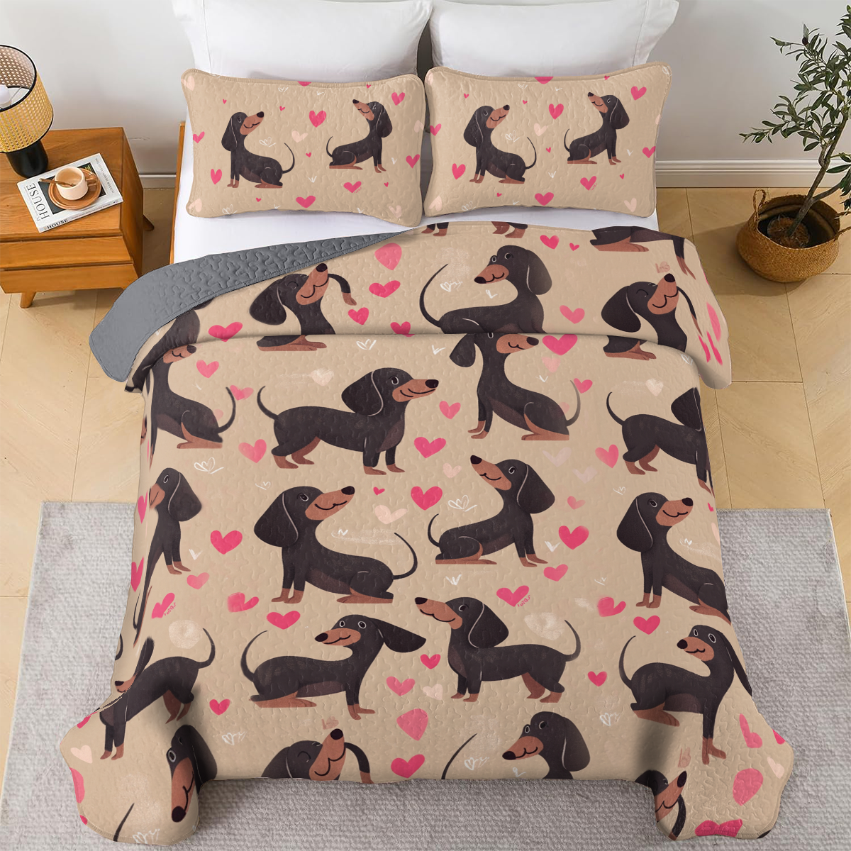 Shineful All Season Quilt 3-Piece Set -  Dachshund Heartbeat