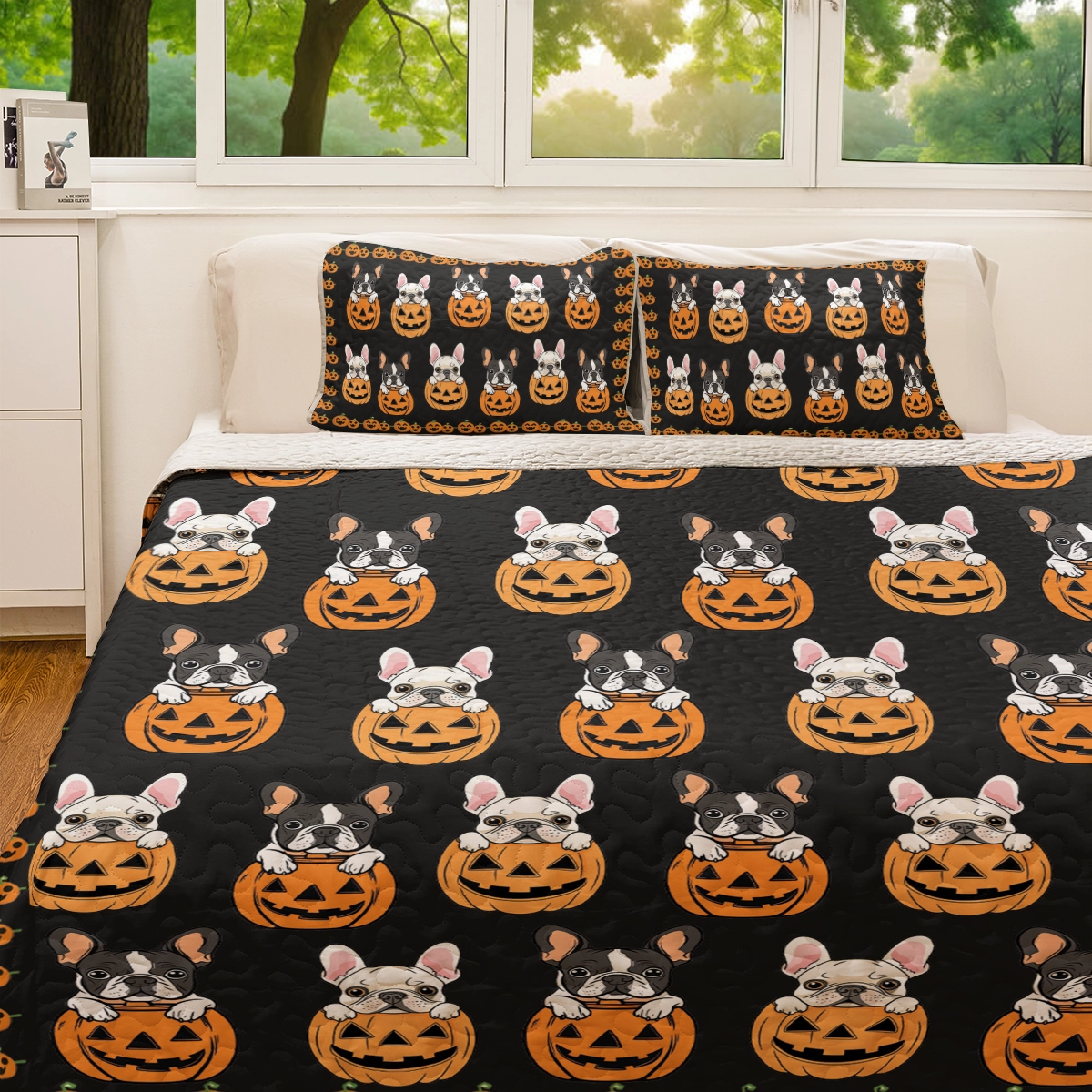 Shineful All Season Quilt 3-Piece Set - Puppy Frenchie Pumpkin