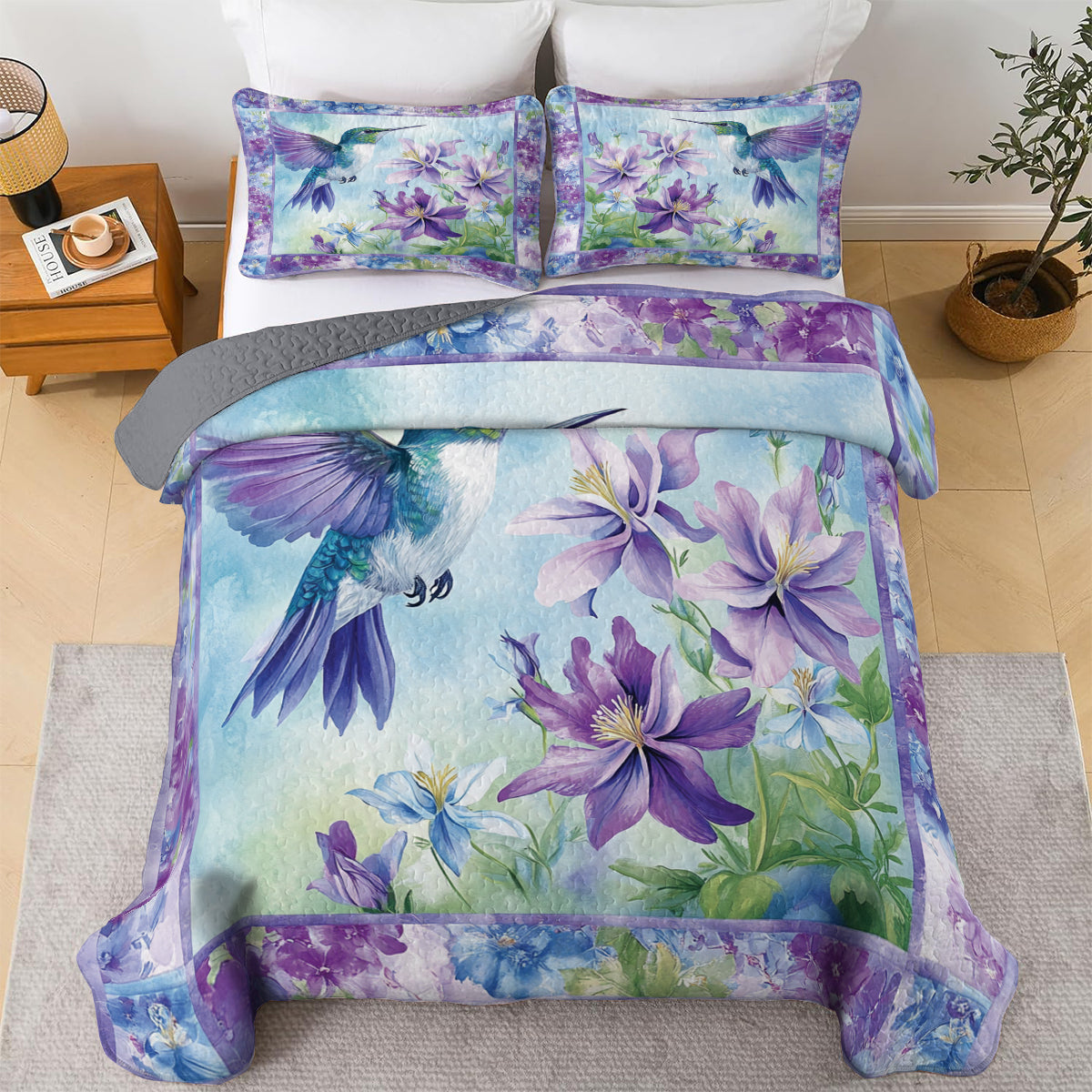 Shineful All Season Quilt 3-Piece Set Hummingbird & Purple Flower
