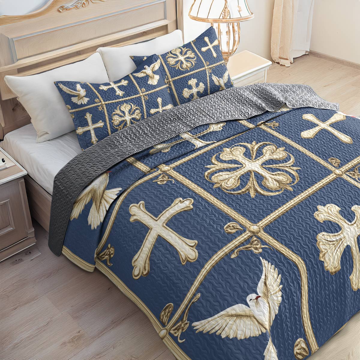 Shineful All Season Quilt 3-Piece Set - Graceful Cross & Dove