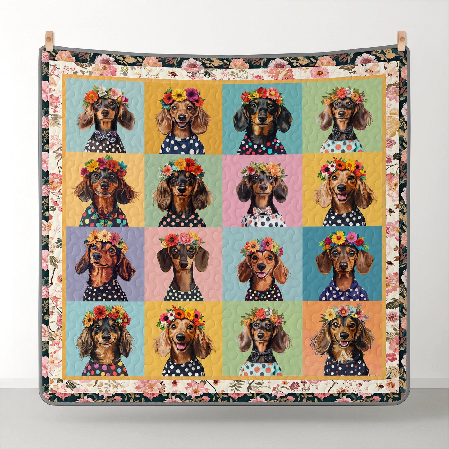 Shineful All Season Quilt 3-Piece Set Dachshund Floral Portrait