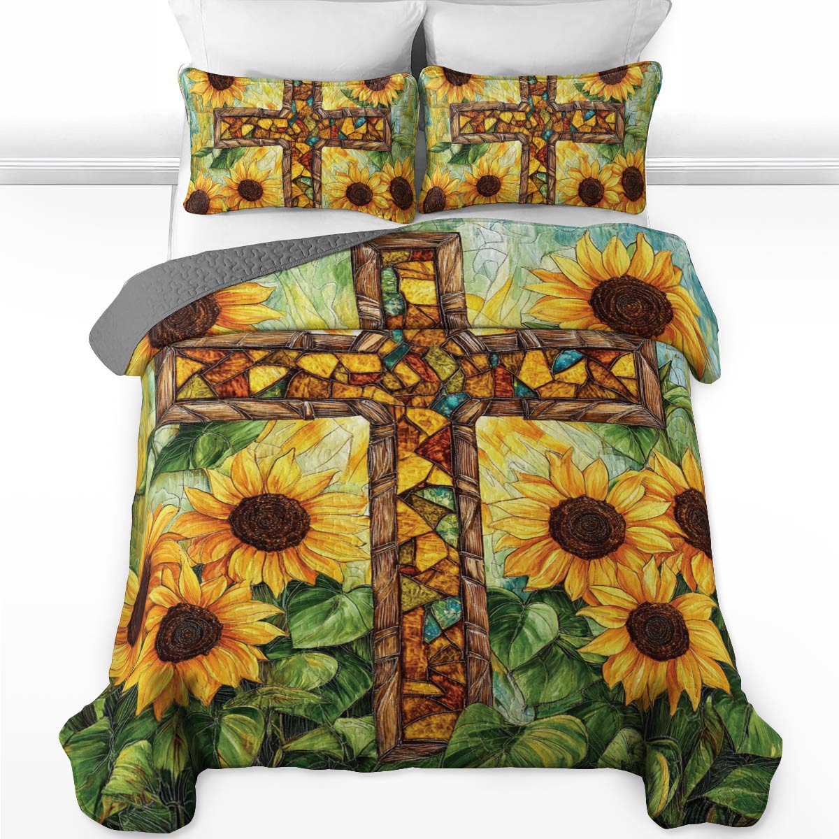 Shineful All Season Quilt 3-Piece Set Sunflower Cross
