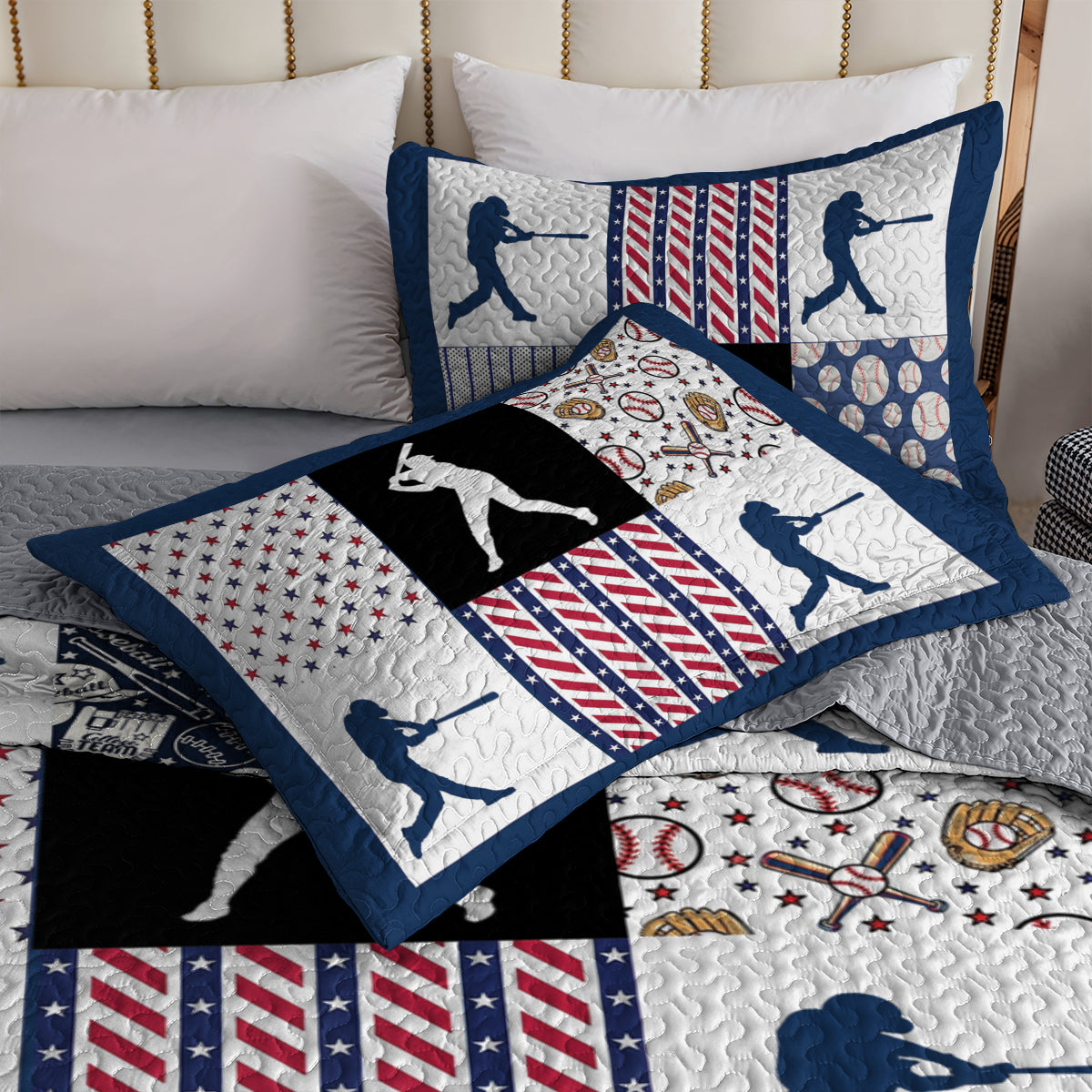 Shineful All Season Quilt 3-Piece Set Patriotic Baseball Patchwork