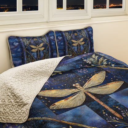 Shineful All Season Quilt 3-Piece Set Golden Dragonfly Transformation