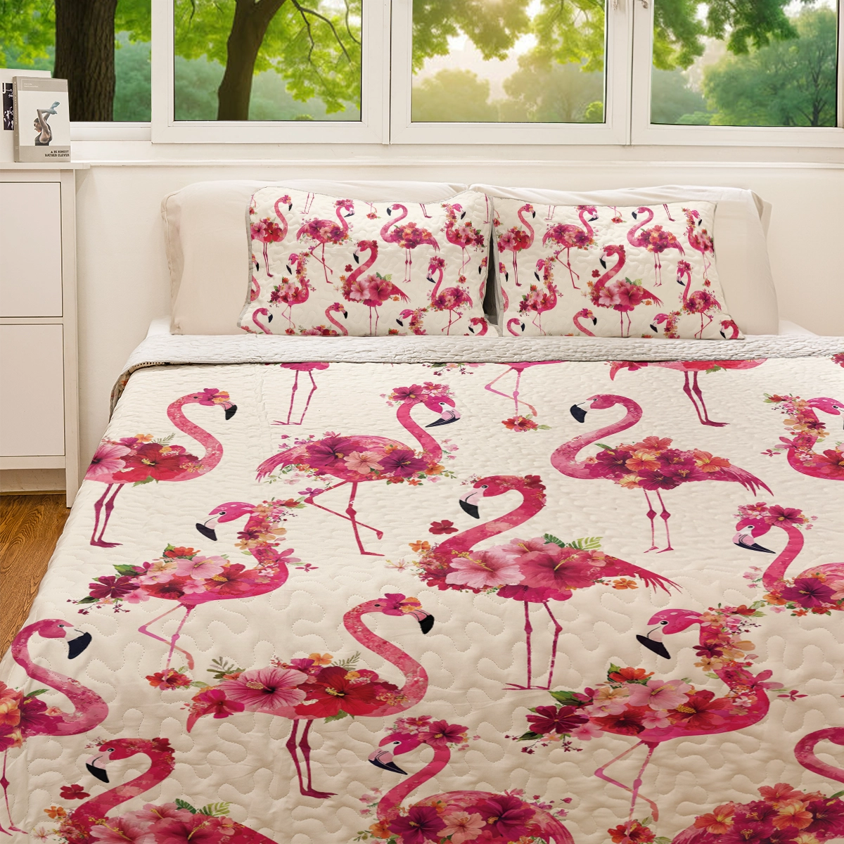 Shineful All Season Quilt 3-Piece Set - Floral Flamingo Fiesta