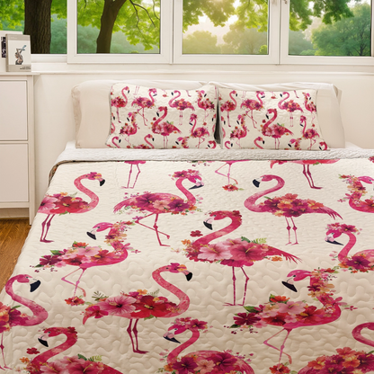 Shineful All Season Quilt 3-Piece Set - Floral Flamingo Fiesta